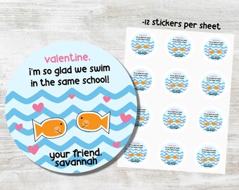 Goldfish Valentine's Day Stickers, Valentines Party Fish Treat Bag Labels, Goldfish Valentine Cards Stickers Labels, Valentine Card, Favor