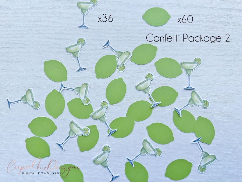 May include: Confetti Package 2 includes 36 green lime confetti and 60 green margarita glass confetti. The confetti is perfect for a fiesta or Cinco de Mayo party.