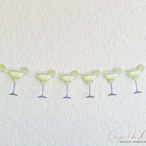 May include: A printable garland featuring a string of green margarita glasses with lime wedges. The garland is perfect for a fiesta or Cinco de Mayo party.