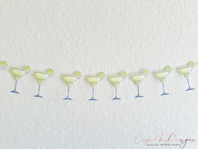 May include: A printable garland featuring a string of green margarita glasses with lime wedges. The garland is perfect for a fiesta or Cinco de Mayo party.
