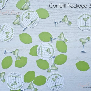 May include: Confetti Package 3 includes 20 round confetti with a margarita and the text "Margarita & Matrimony" with the date "EST. 2024" and the text "SAVANNAHS BACHELORETTE", 36 lime green confetti, and 60 lime green confetti.