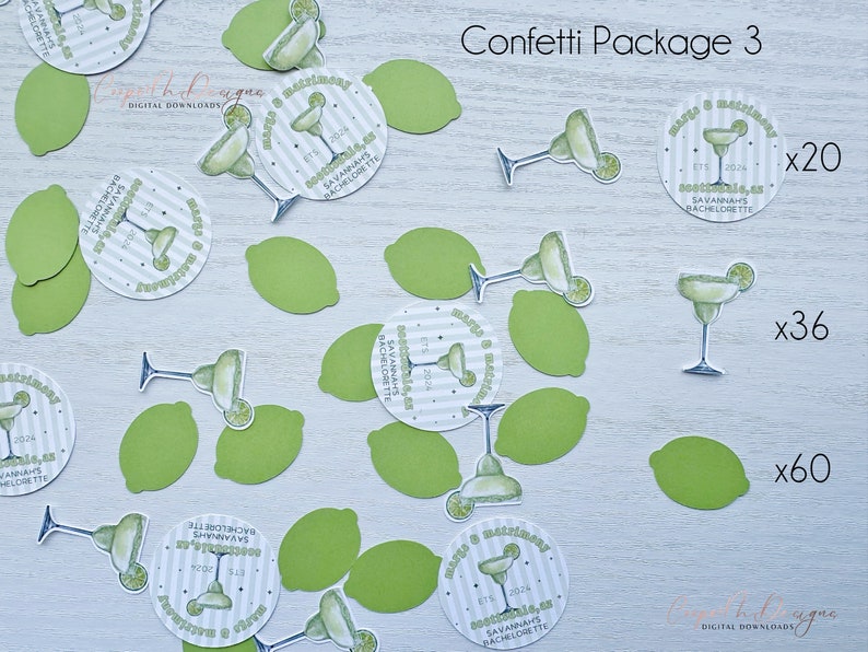 May include: Confetti Package 3 includes 20 round confetti with a margarita and the text "Margarita & Matrimony" with the date "EST. 2024" and the text "SAVANNAHS BACHELORETTE", 36 lime green confetti, and 60 lime green confetti.