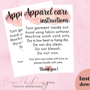 Apparel Care Instructions Card | Small Business Supplies | Washing Instructions | Instant Download |T-shirt Care Card | Care Card