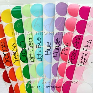 May include: A set of ten round stickers with different colors and labels. The colors are red, orange, yellow, green, light green, light blue, blue, purple, pink, rose pink, light pink, and white. The labels are the same color as the stickers and read "Red", "Orange", "Yellow", "Green", "Light Green", "Light Blue", "Blue", "Purple", "Pink", "Rose Pink", "Light Pink", and "White".