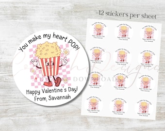 Pegatinas de feliz día de San Valentín / Pegatinas personalizadas del Día de San Valentín / Palomitas de maíz de San Valentín / Etiquetas de San Valentín en el aula / Niños San Valentín