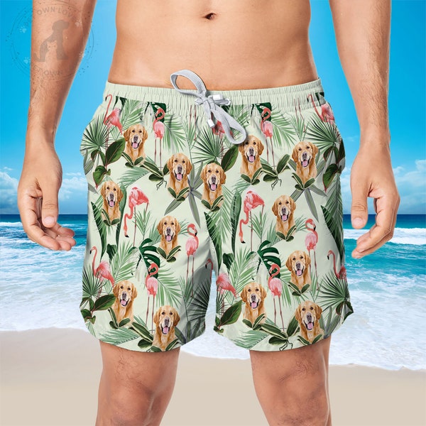 Dog Personalized Beach Hawaiian Short Men, Short Summer Beach Flamingo Hawaii Short, Swim Trunk with Dog Face, Wedding Anniversary Gift