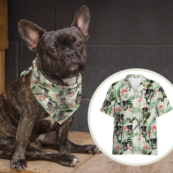 Custom Green Dog Bandanas Hawaiian, Personalized Printed Green Hawaiian Pet Bandanas Matching Hawaiian Human Shirt