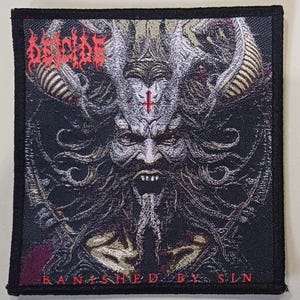 May include: Black and white embroidered patch with a demonic figure with horns and a beard. The figure has a red cross on its forehead. The text "DEICIDE" is at the top of the patch and "BANISHED BY SIN" is at the bottom.