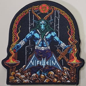 May include: A black patch with a blue, horned figure holding a cross, with flames and skulls. The figure is blue, with the word "NIFELHEIM" in a stylized font. The patch has a black border with a Celtic knot design in gold and red.