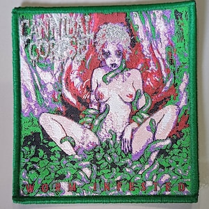 CANNIBAL CORPSE “Worm Infested” woven patch Green border dead stock, brutal death metal limited