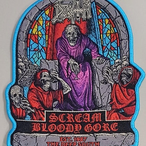 DEATH "Scream Bloody Gore" Vävd gravstenstygnlapp - Begränsad upplaga med blå kant