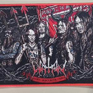 May include: Embroidered patch featuring a group of figures with long hair and dark clothing, holding weapons and a banner. The patch has a red border and includes the band's name and genre.