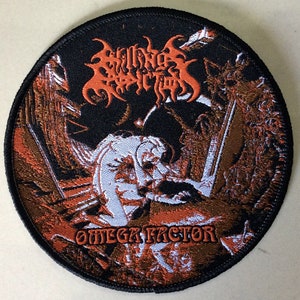 May include: A black and orange embroidered patch with the band name "Blood Incantation" and the text "Omega Factor" in white. The patch features a detailed illustration of a creature with a sword.