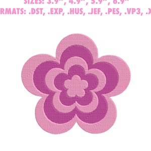 May include: A pink Y2K flower embroidery design in five sizes: 3.9 inches, 4.9 inches, 5.9 inches, and 6.9 inches. The design is available in the following formats: DST, EXP, HUS, JEF, PES, VP3, and XXX.