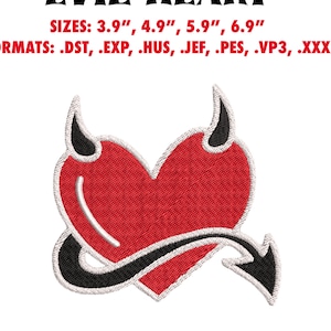 Plik do haftu Evil Heart | Projekt haftu Devil Horns | Maszyna do haftu | Natychmiastowe pobranie | Walentynki | Naszywka Goth Heart