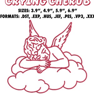 May include: Red line art embroidery design of a crying cherub angel with wings lying on a cloud. Available in sizes 3.9 inches, 4.9 inches, 5.9 inches, and 6.9 inches. Formats include DST, EXP, HUS, JEF, PES, VP3, and XXX.