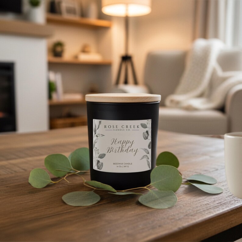May include: A black cylindrical candle jar with a light wood lid and a white label featuring the text Rose Creek Candle Co. Happy Birthday and Beeswax Candle 14 oz 397 g, surrounded by green eucalyptus leaves on a wooden surface.