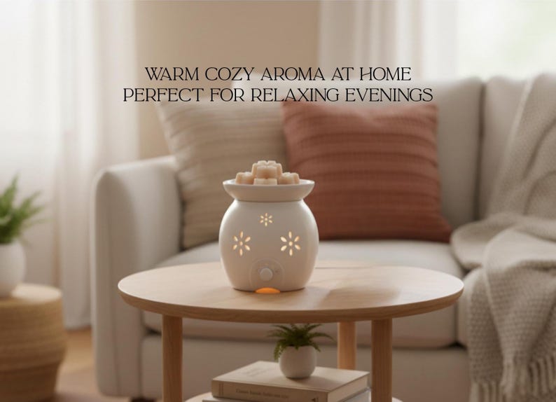 Op de afbeelding: Een witte keramische etherische olie diffuser met bloemvormige uitsparingen staat op een ronde houten tafel. De diffuser is bedekt met wax melts. De tekst op de afbeelding luidt: "WARM COZY AROMA AT HOME PERFECT FOR RELAXING EVENINGS."