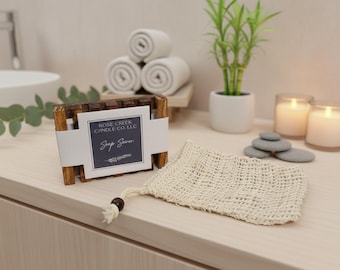 Soap Exfoliating Bag with Drawstring and Bamboo Soap Saver for Handmade Soaps