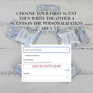 Op de afbeelding: Afbeelding met kleine, iriserende zakjes, waarschijnlijk geurmonsters. Een digitaal formulier is overgelegd en vraagt om geurselectie en personalisatie. De tekst luidt: "Kies je eerste geur en schrijf dan de andere 4 geuren in het personalisatiegebied."