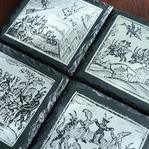 Häxsnitt | Graverade skifferunderlägg | Set om 4 | Historiska reproduktioner | 10 cm | Häxkonst | Wicca | Folklore | Hednisk