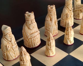 Mini Isle of Lewis Chess Set | 32-Piece Medieval Chessmen Plus Free Chess Mat | Cast Stone, Felted | Free Ship | USA Tariffs Prepaid