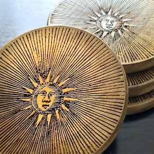 Radiant Sun | Set of 4 Engraved Wooden Coasters / Candle Plates | 4 Inch / 10 cm | Alchemical | Celestial | Astronomy | Beeswax Finish