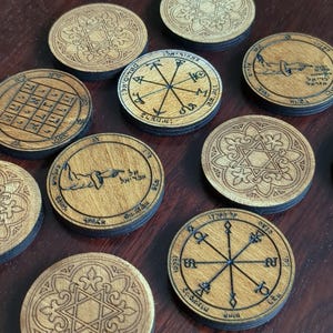 Pentacles of Solomon | 44 Piece Engraved Wooden Talisman Set | Witchcraft | Wicca | Ritual Altar Tools | Handmade