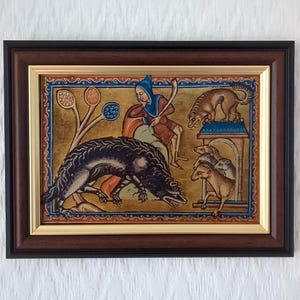 Herder en wolf | Aberdeen bestiarium, jaren 1200 | Middeleeuwse verlichting | Handgemaakte reproductie op canvas | 5 x 7 inch | Keuze uit lijsten
