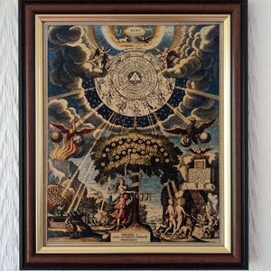 Op de afbeelding: Een ingelijste kunstdruk met een complexe alchemistische illustratie met een centrale boom, hemelse symbolen en figuren in een landschap. Het kunstwerk zit in een donkerbruine houten lijst met een gouden binnenrand en een witte passe-partout.