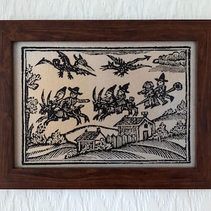 Witches on Goats | Framed Woodcut Reproduction on Canvas | History of Witches and Wizards | Francis Bragge, 1720 | 5"x7"