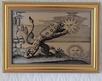 Lion dévorant le soleil | 1550 | Reproduction artisanale sur toile | Occulte | Sciences | Alchimie | Ésotérique | 5 x 7 po. | Choix de cadres