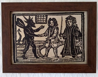 Conjuring a Devil | Framed Woodcut Reproduction on Canvas | History of Witches and Wizards | Francis Bragge, 1720 | 5"x7"