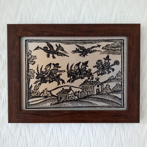 Witches on Goats | Framed Woodcut Reproduction on Canvas | History of Witches and Wizards | Francis Bragge, 1720 | 5"x7"