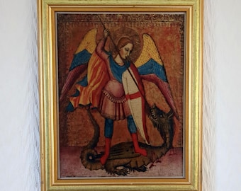 Archangel Michael Slaying the Dragon | Master of Saint Verdiana 1380s | Medieval Tempera | Framed Reproduction on Canvas | Handmade | 8"x10"