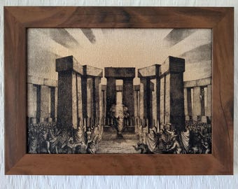 Druidas sacrificando al sol / 1722 / Reproducción artesanal sobre lienzo / Stonehenge / 13 x 18 cm / Elección de marcos