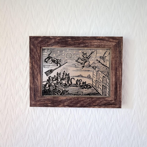 Witches and Their Familiars | 1600s Woodcut | Handmade Reproduction on Canvas | Witchcraft | 5"x7"