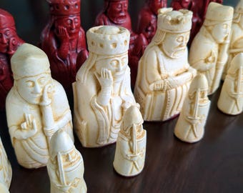 Isle of Lewis Chessmen | "Uig Set" | 32-Piece Handcrafted Medieval Chess Set | Cast Stone, Felted | Free Ship | USA Tariffs Prepaid