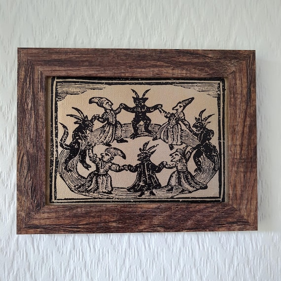 Witches Dancing | Framed Woodcut Reproduction on Canvas | History of Witches and Wizards | Francis Bragge | 1720 | Occult | Handmade