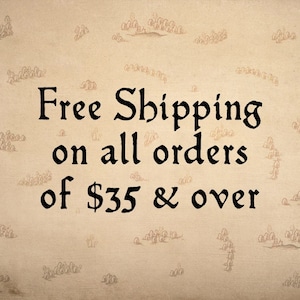 May include: Text on a beige background reads "Free Shipping on all orders of $35 & over" in a decorative black font. The background has a repeating pattern of small, sketched tree-like shapes.