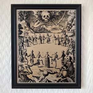 Dance of Death | Hans Holbein | 1526 | Framed Woodcut Reproduction on Canvas | Handmade | Memento Mori | Skeleton | Folklore Art