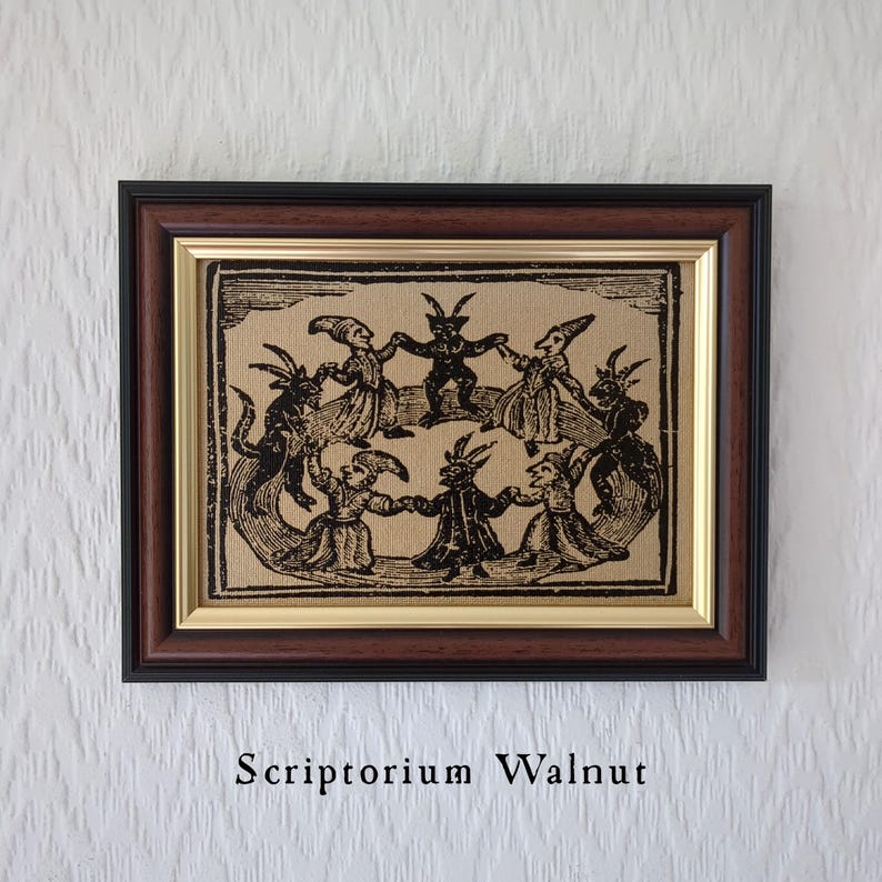 Witches Dancing | Handmade Woodcut Reproduction on Canvas | History of Witches and Wizards | Francis Bragge, 1720 | Occult | 5"x7" Walnut