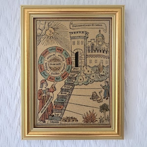 May include: A framed print featuring a medieval-style allegorical illustration with a sun, a castle, a circular diagram labeled Scale Intellectus, and a staircase with Latin text. A figure in robes stands to the left, while a lion and tree appear below.