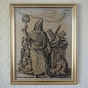 May include: A black and white engraving of a man holding a globe and a book, surrounded by various weapons and armor. The text "OEOE" is visible above the man's head.