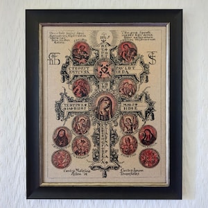 Cruz devocional / Protección contra la brujería del siglo XVII / Reproducción enmarcada a mano sobre lienzo / 20 x 25 cm / Elección de marcos