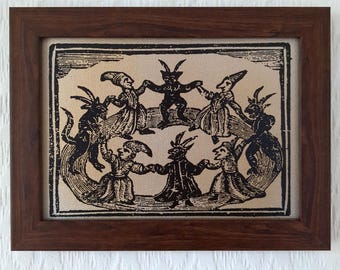Witches Dancing | Handmade Woodcut Reproduction on Canvas | History of Witches and Wizards | Francis Bragge, 1720 | Occult | 5"x7"