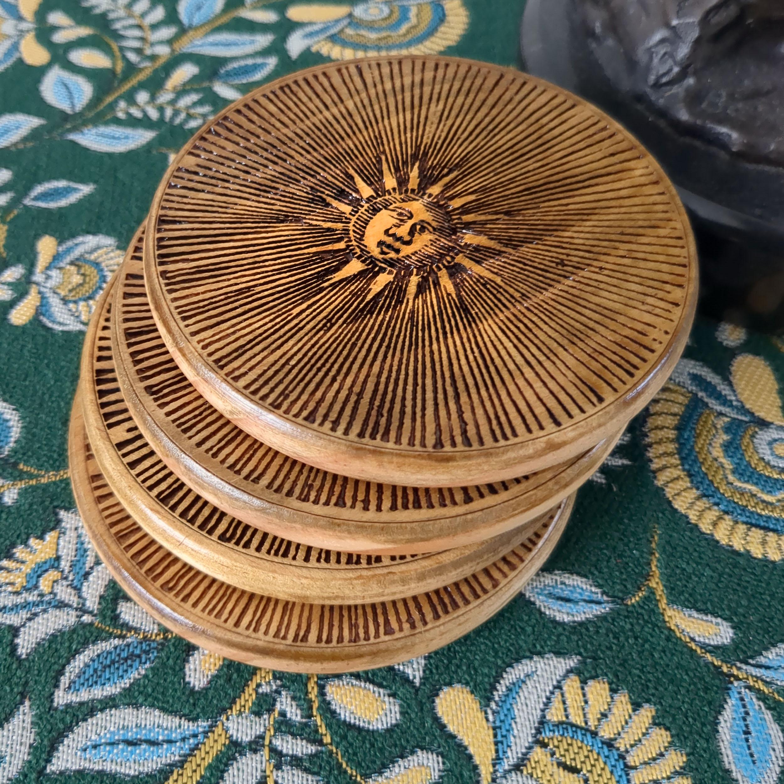 Radiant Sun | Set of 4 Engraved Wooden Coasters / Candle Plates