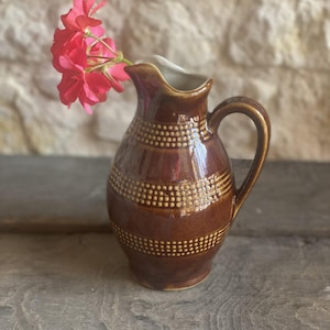 Puede incluir: Una jarra de cerámica esmaltada en color marrón con un patrón texturizado de puntos en relieve dispuestos en bandas horizontales alrededor del cuerpo, con un asa curva y un pico que contiene flores de geranio rosa brillante.