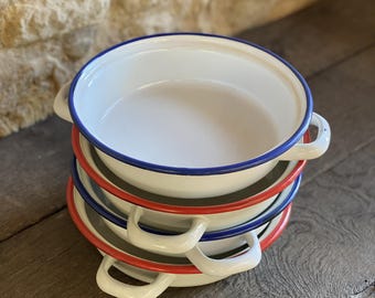 Teglie da forno vintage con manici, smaltate in bianco/blu o crema/rosso