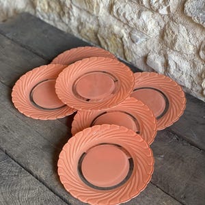 Op de afbeelding: Een set van zes ronde glazen borden in zalmroze kleur. Elk bord heeft een glad, helder cirkelvormig midden omringd door een brede, getextureerde rand met een verhoogd, wervelend, waaiervormig patroon dat naar de geschulpte rand toe uitstraalt.